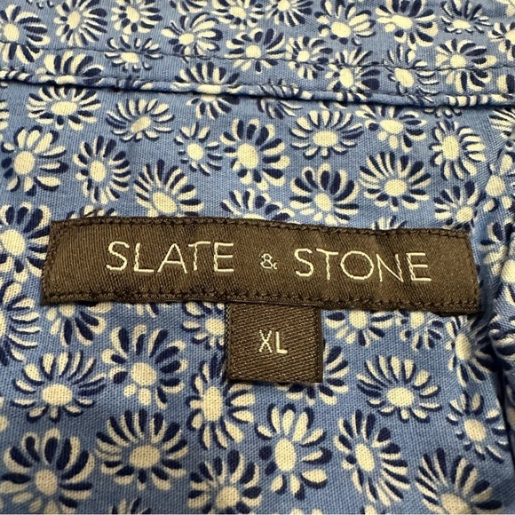 New Slate & Stone Men's Printed Poplin Blue Short Sleeve Button Flower Shirt XL - Picture 10 of 11